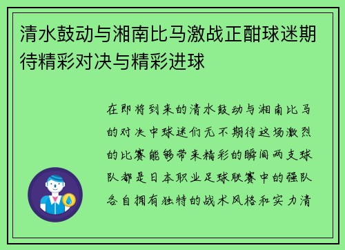 清水鼓动与湘南比马激战正酣球迷期待精彩对决与精彩进球